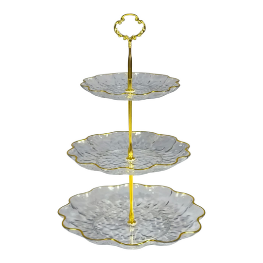 🍰 Soporte de Plástico de 3 Niveles con Bordes Dorados – Ideal para Postres y Aperitivos ✨