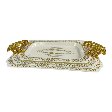 🏆 Conjunto de 3 bandejas retangulares com pega dourada e detalhes florais