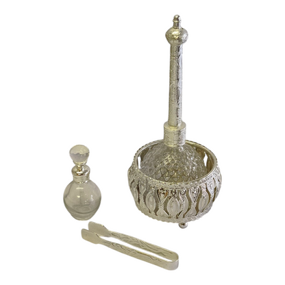 Set Árabe de Cristal Plateado — Bandeja con Quemador, Frascos y Accesorios de Lujo