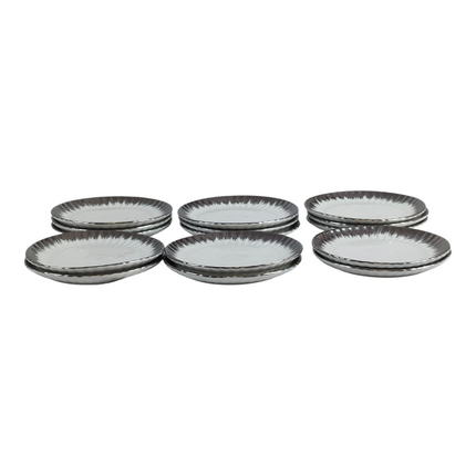 🍽️ Conjunto de 12 pratos de sobremesa redondos com rebordo prateado brilhante Ø 15cm – Estilo luxuoso