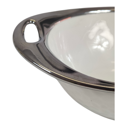 Set de Sopera de Cerámica con Tapadera + 6 Cuencos con Soporte Dorado - Estilo Elegante Blanco y Plateado