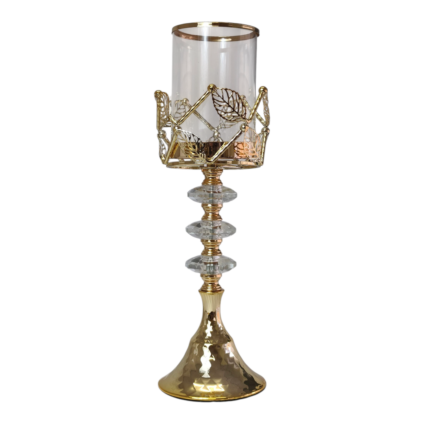 Portavelas Alto de Cristal y Metal Dorado con Detalles de Hojas – 42cm