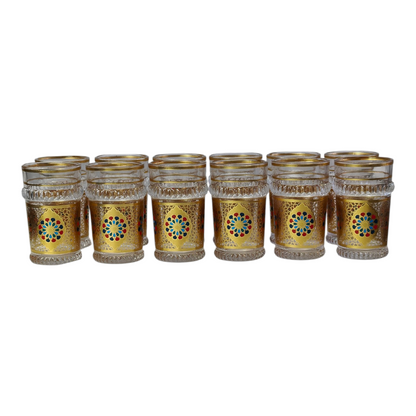 Vasos de Té Marroquí de Cristal Dorado | Motivo Zellige Multicolor