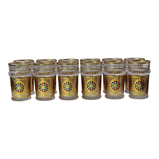 Vasos de Té Marroquí de Cristal Dorado | Motivo Zellige Multicolor