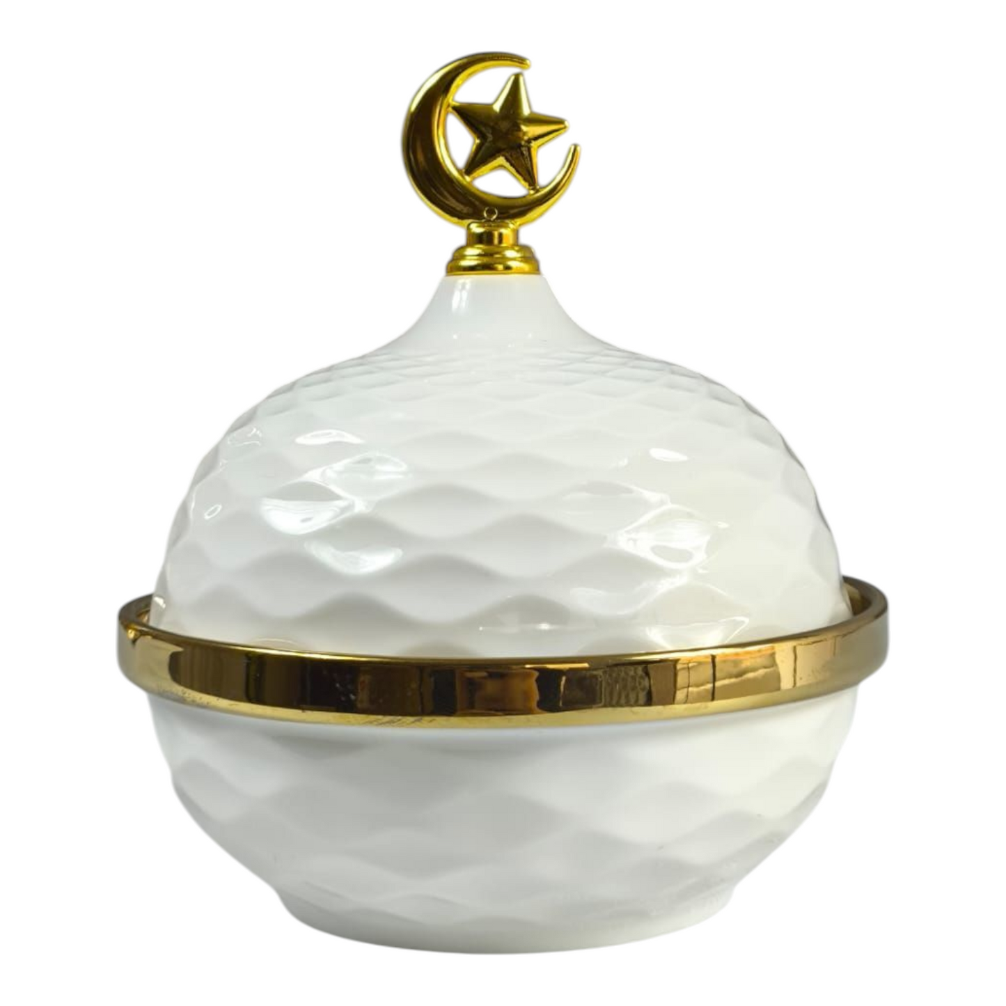 Caja Decorativa Árabe con Tapa Luna y Estrella Dorada 🌙⭐ Cerámica Blanca de Lujo