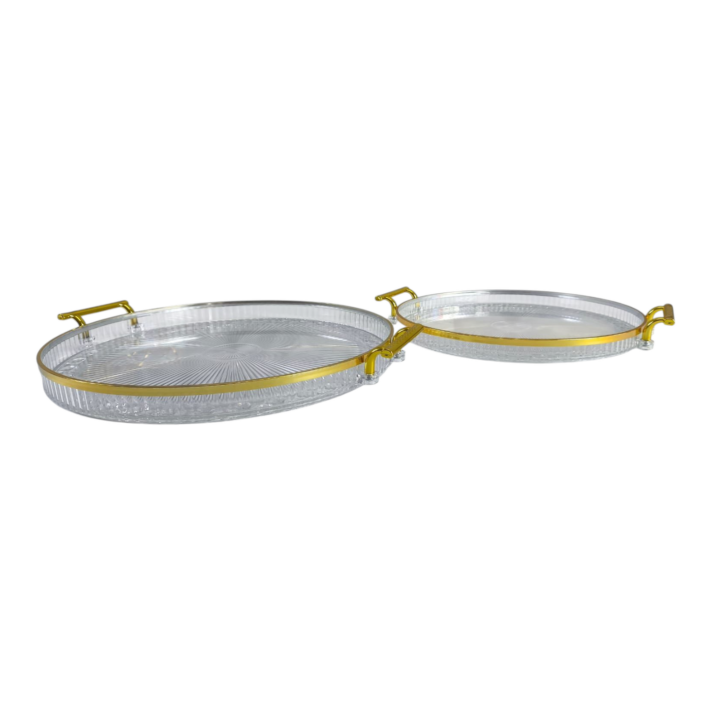 🍽️ Set de 2 Bandejas Redondas Transparentes con Asas Doradas – Estilo y Elegancia en tu Mesa 💛