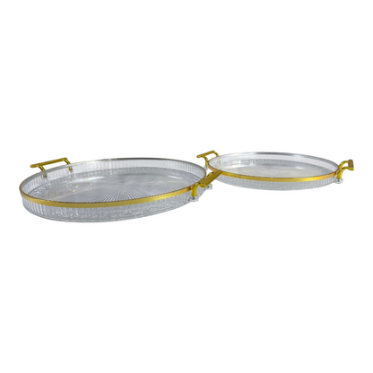 🍽️ Set de 2 Bandejas Redondas Transparentes con Asas Doradas – Estilo y Elegancia en tu Mesa 💛