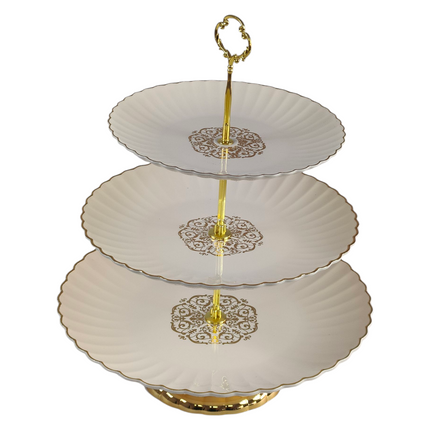 🍰 3-Tier Plastic Display Tray with Gold Details – Elegance for Your Table