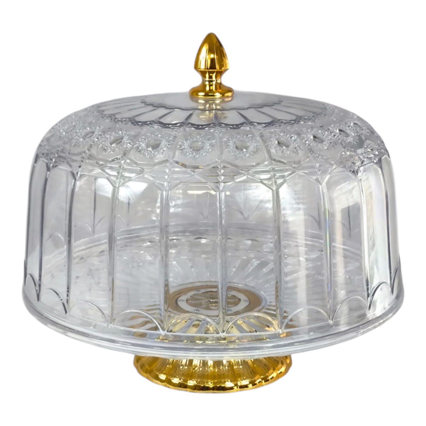🍰 Expositor Redondo de Plástico con Tapa y Base Dorada – Elegancia para tus Postres ✨
