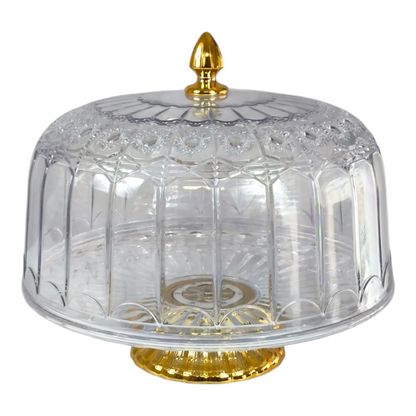 🍰 Expositor Redondo de Plástico con Tapa y Base Dorada – Elegancia para tus Postres ✨