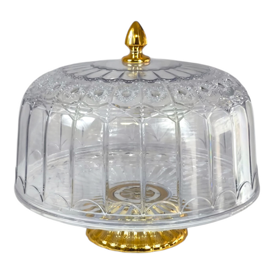 🍰 Expositor Redondo de Plástico con Tapa y Base Dorada – Elegancia para tus Postres ✨