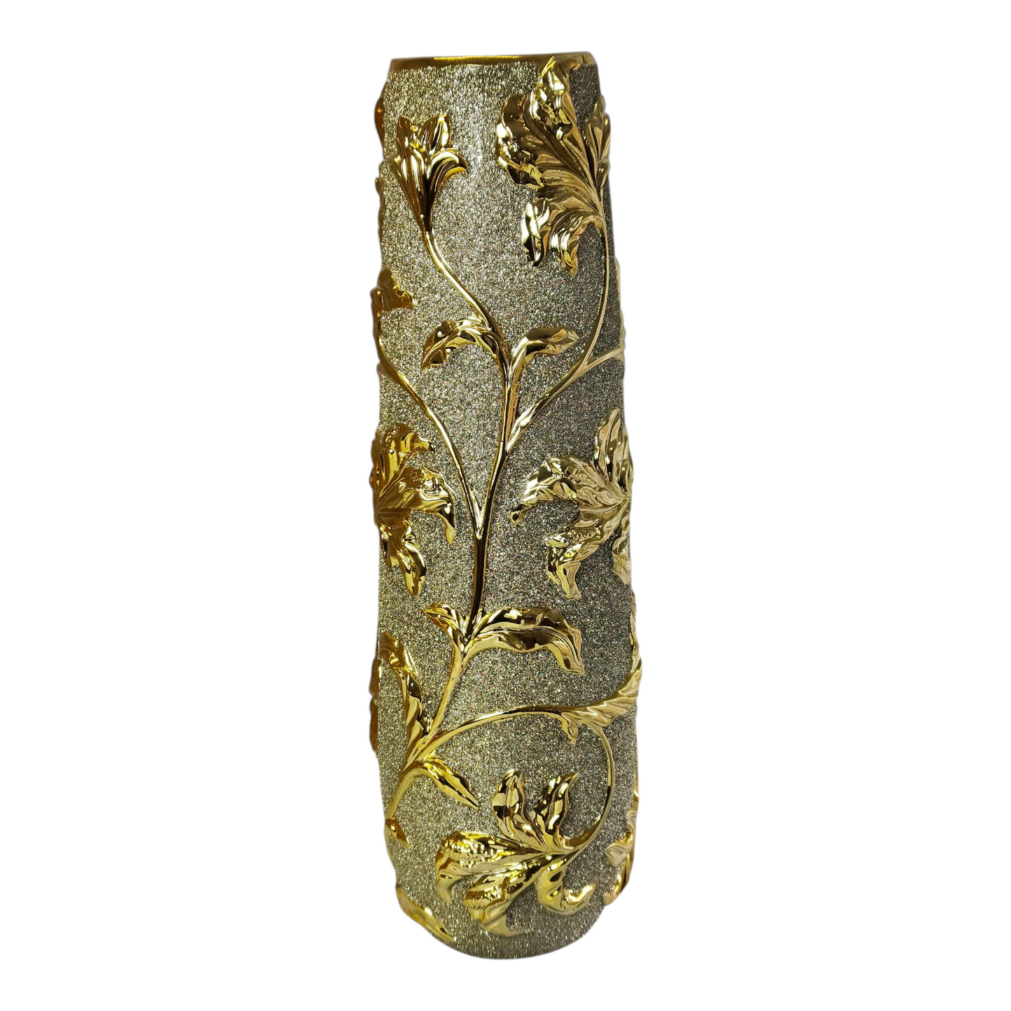Jarrón Decorativo Alto Dorado con Hojas en Relieve – Estilo Lujo