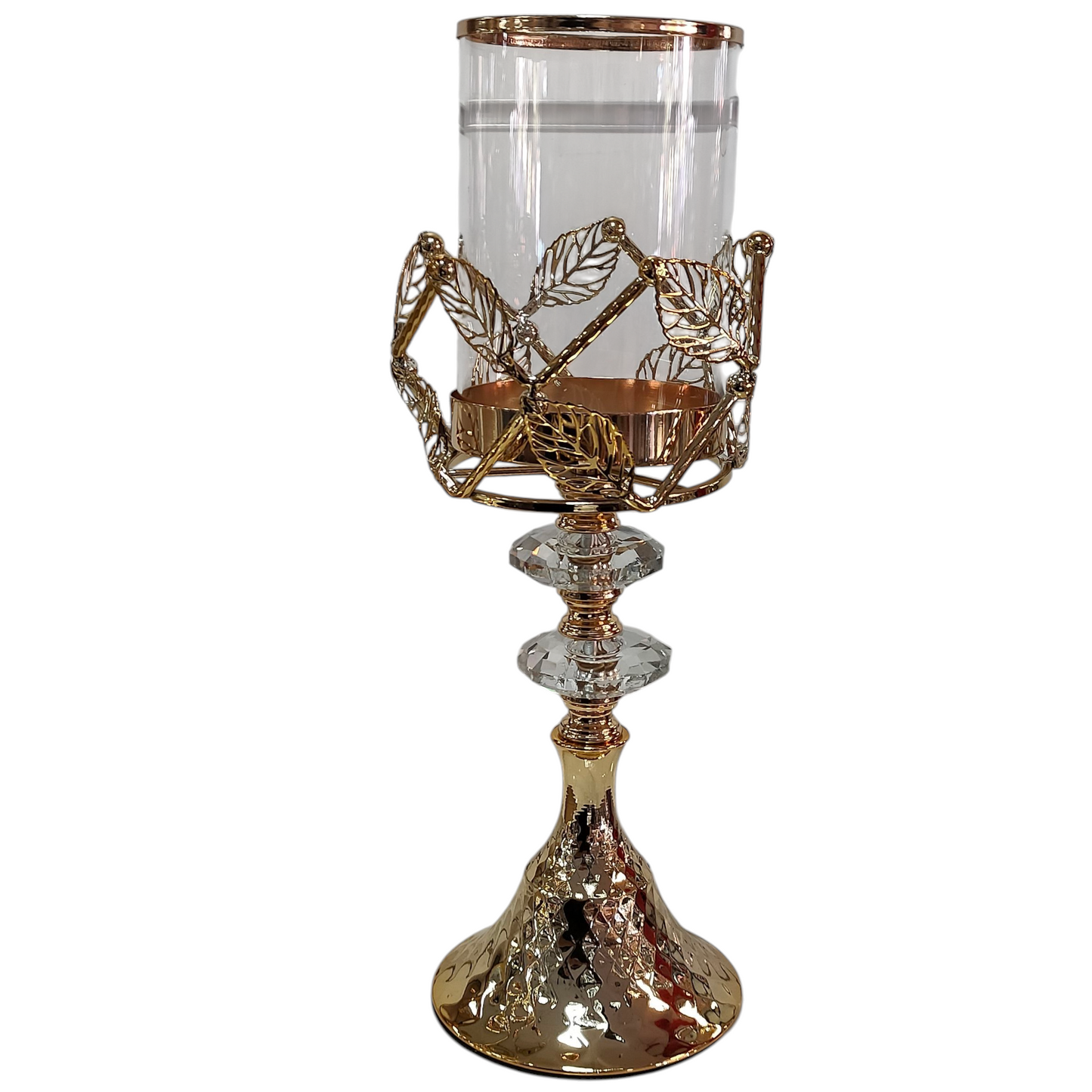Portavelas de Cristal y Metal Dorado con Hojas Decorativas – 30 cm