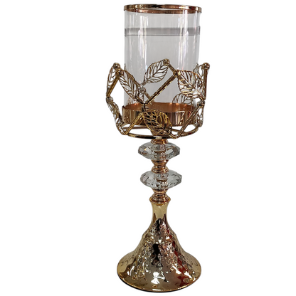Portavelas de Cristal y Metal Dorado con Hojas Decorativas – 30 cm