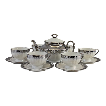 White Porcelain Tea Set with Silver Details ✨🍵 Includes Teapot and 6 Cups with Saucers
