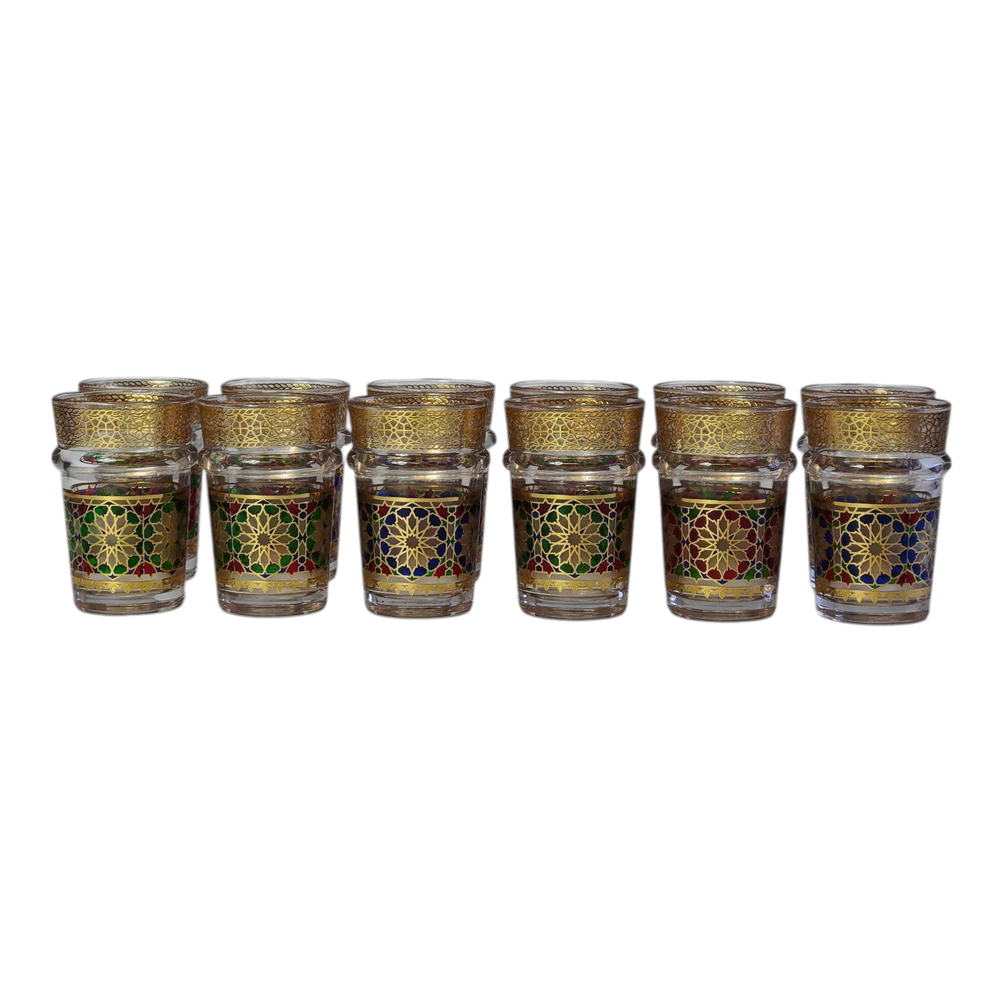 Pack x12 – Vasos de Té Marroquí | Cristal Decorado con Filigrana Dorada estilo Zellige