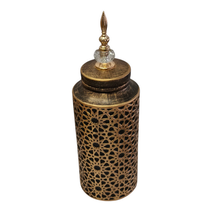 Jarrón Decorativo Árabe Dorado Oscuro con Tapa y Detalle de Cristal – 45cm