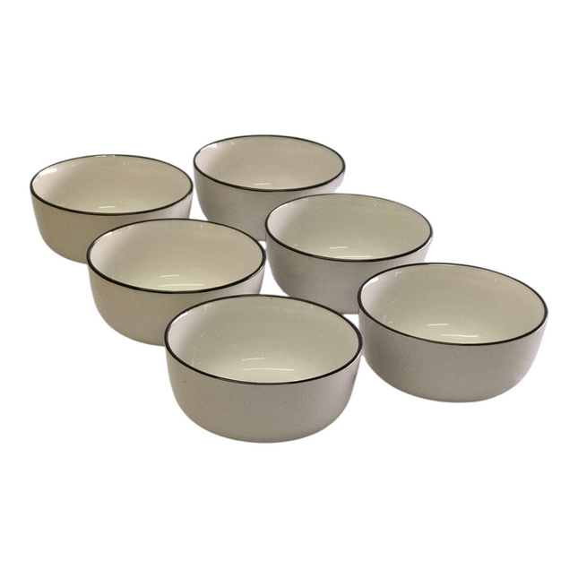 Conjunto de 6 taças em cerâmica branca com rebordo preto – Multiusos para mesa e cozinha.