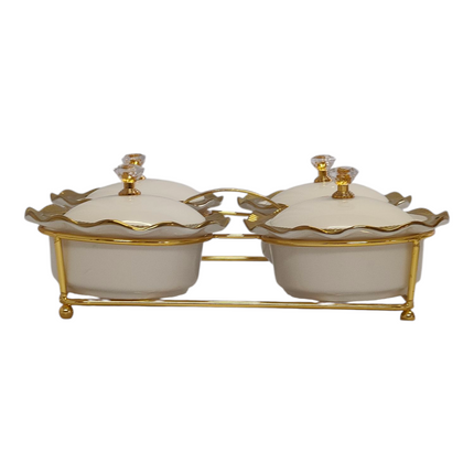 Conjunto de 4 taças de porcelana com tampas + suporte dourado — Tabuleiro para aperitivos/condimentos