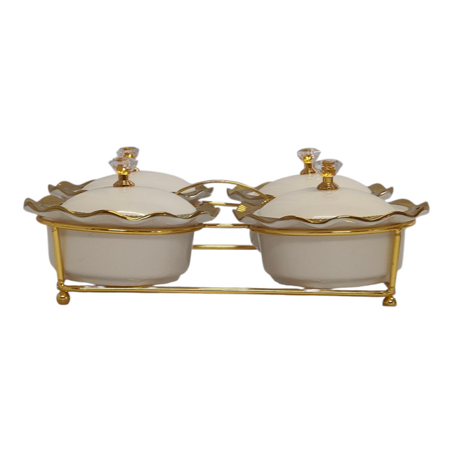 Set of 4 Porcelain Bowls with Lids + Gold Stand — Snack/Condiment Tray