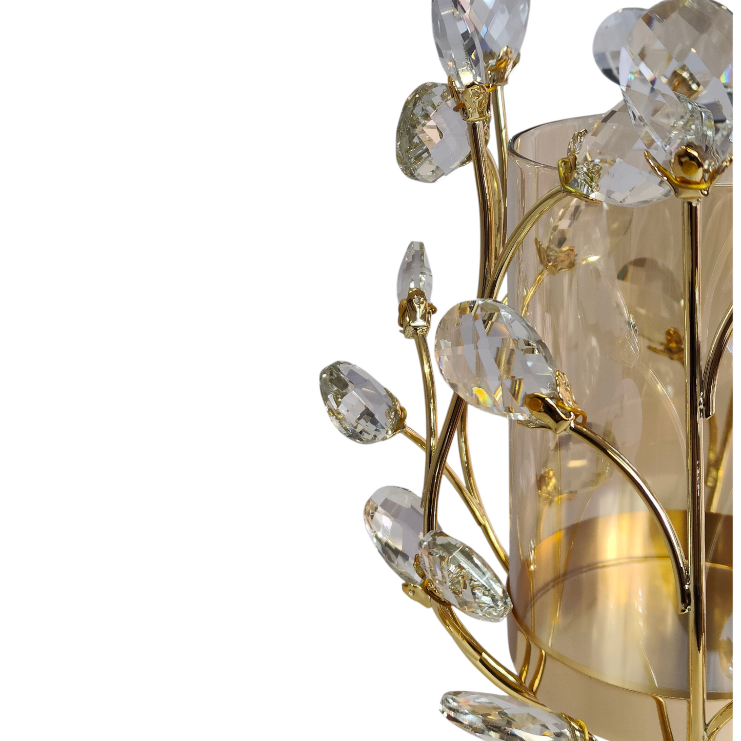 Portavelas de Cristal y Metal Dorado con Diseño de Ramas y Gotas Brillantes