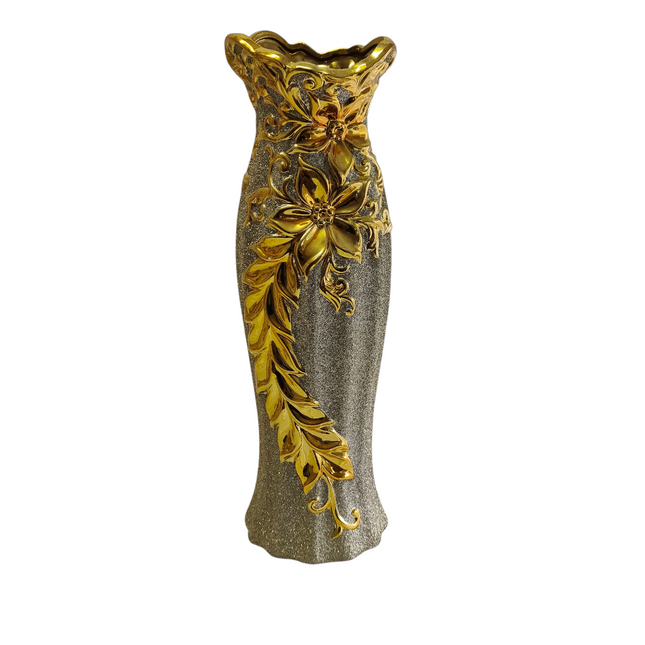 Jarrón Decorativo Alto Gris y Dorado con Flores en Relieve – Estilo Lujo Clásico