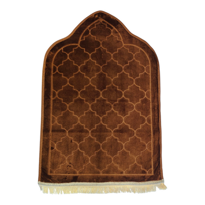 Alfombra de Rezo Sajjada Marrón Chocolate con Flecos Dorados