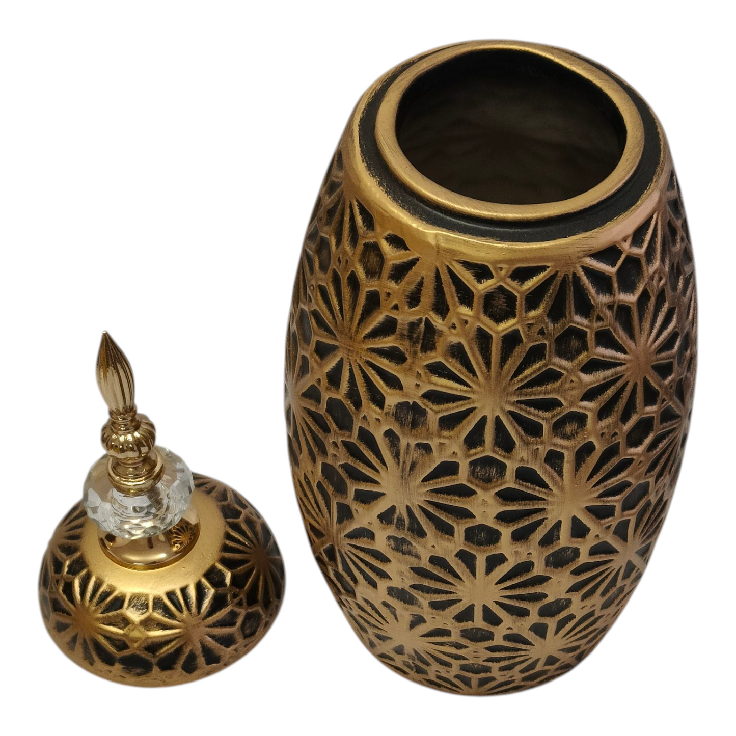 Jarrón Decorativo Árabe Dorado con Tapa y Detalle de Cristal – Diseño Floral Tallado 40cm