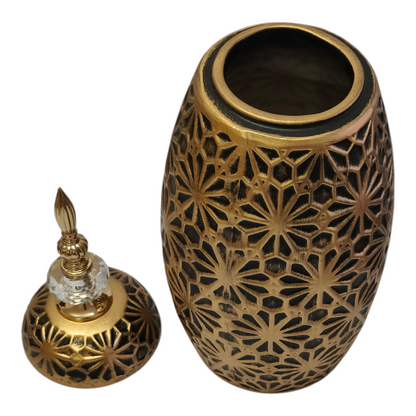 Jarrón Decorativo Árabe Dorado con Tapa y Detalle de Cristal – Diseño Floral Tallado 40cm