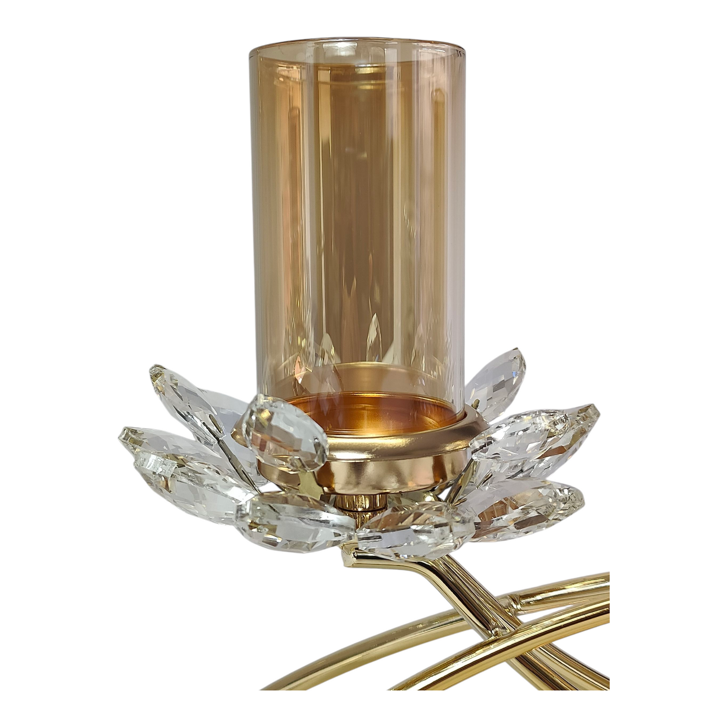 Portavelas Triple de Cristal y Metal Dorado con Diseño de Flores de Loto