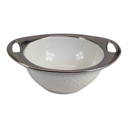 Set de Sopera de Cerámica con Tapadera + 6 Cuencos con Soporte Dorado - Diseño Martillado Blanco y Plateado