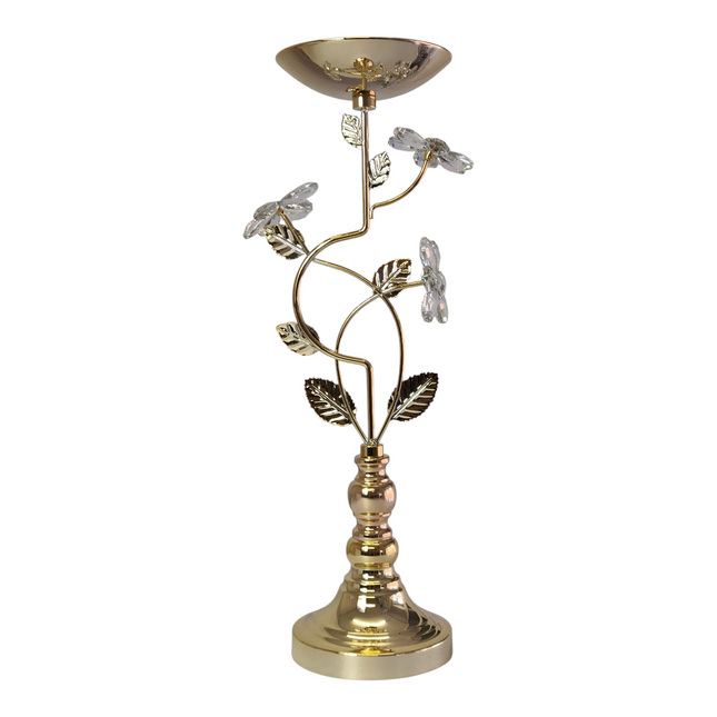 Portavelas de Cristal y Metal Dorado con Flores Decorativas
