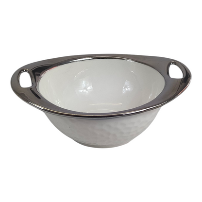 Set de Sopera de Cerámica con Tapadera + 6 Cuencos con Soporte Dorado - Estilo Elegante Blanco y Plateado