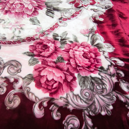 Manta de Felpa Color rojo con flores  - Extra Suave y Cálida para Invierno (200x230 cm, 4,5 kg)