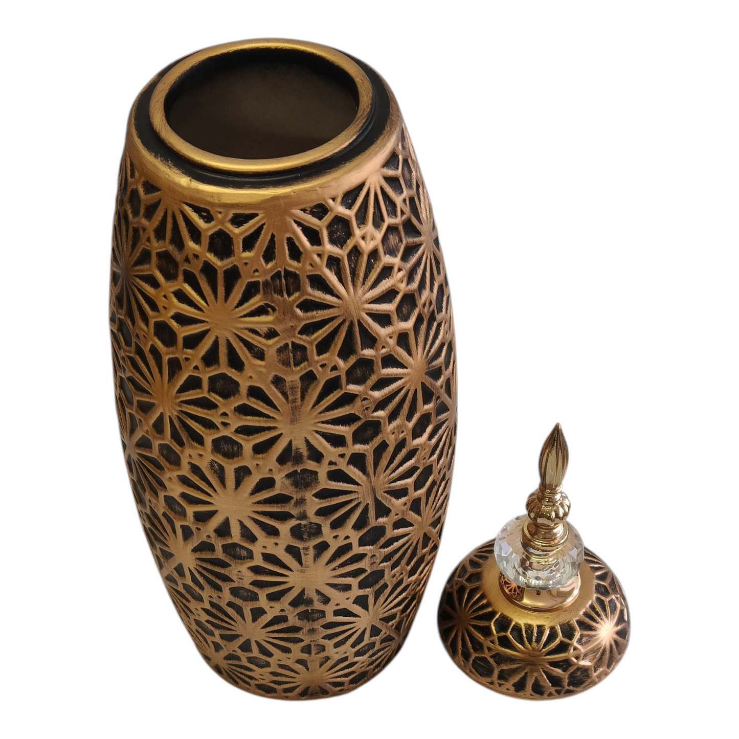 Decoración Árabe Dorada con Tapa y Detalle de Cristal – Diseño Tallado Floral 46,5cm