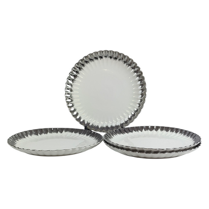 Set of 4 White Porcelain Plates with Silver Rim Size: Ø 36cm 🍽️✨ Modern and Elegant Design