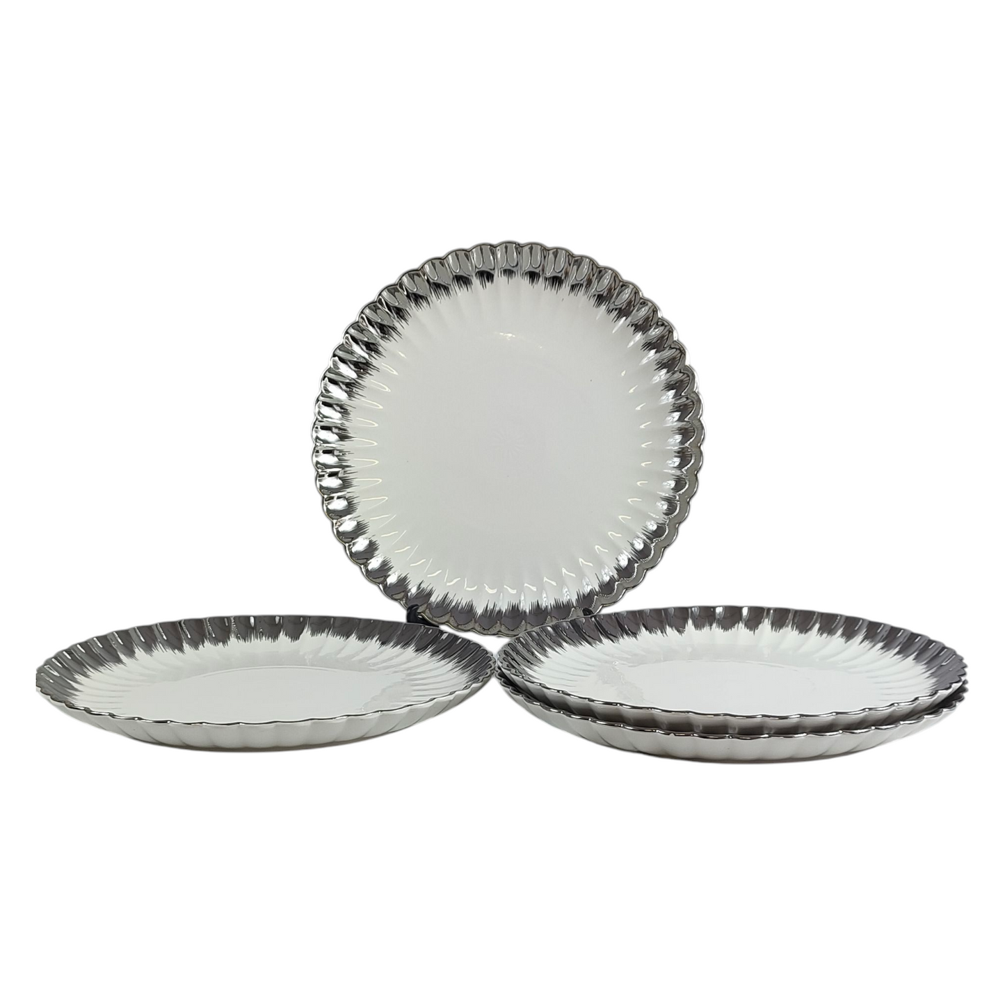 Set de 6 Platos de Porcelana Blanca con Borde Plateado Medida: Ø 36cm 🍽️✨ Diseño Moderno y Elegante