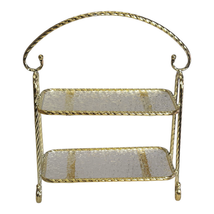 🏷 Tabuleiro decorativo de 2 andares com moldura dourada e vidro texturado – Estilo clássico e elegante