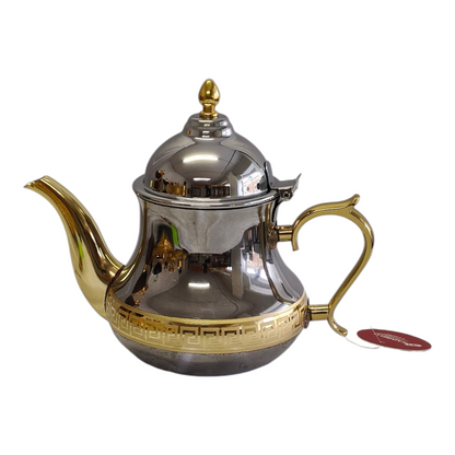 Tetera marroquí de acero inoxidable con detalles dorados, tapa con bisagra y pico antigoteo