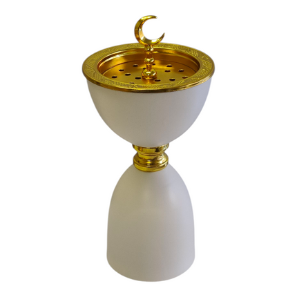 Incensário árabe branco e dourado com lua crescente — Design clássico e luxuoso 📝 Descrição do produto:
