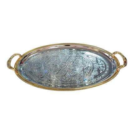 Bandeja oval bicolor gravada em prata e ouro