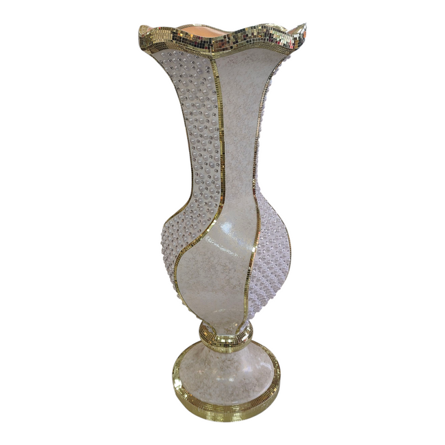 Jarrón Decorativo Blanco con Perlas y Borde Dorado – Estilo Elegante y Sofisticado 101 cm