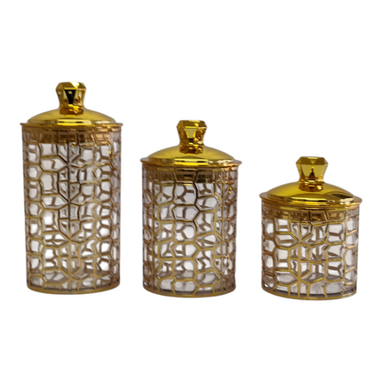 ✨ Conjunto de 3 potes de plástico com design árabe e tampa dourada — Elegância e funcionalidade 💎
