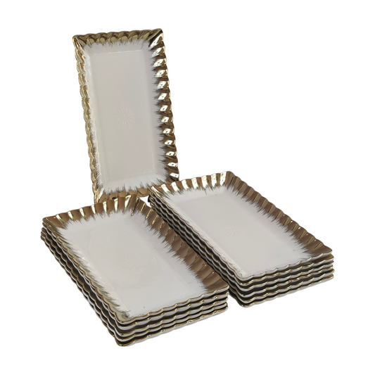 Set de 12 Bandejas Rectangulares de Porcelana Blanca con Borde Dorado 25,8cm x 15cm ✨🍰