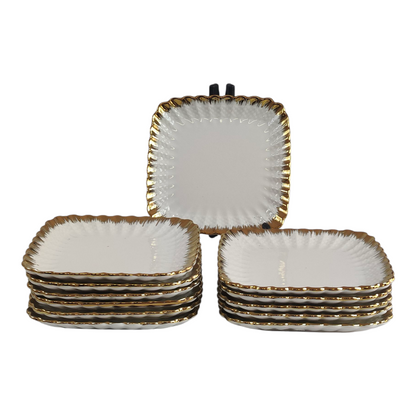 🏷️ Set de 12 Platos Cuadrados de Porcelana con Borde Dorado Elegante 14,9cm x 14,9cm