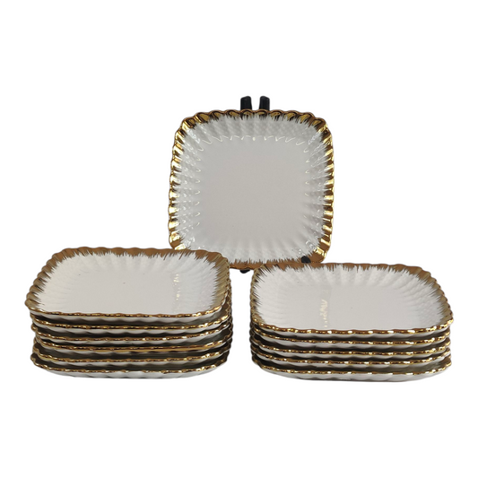 🏷️ Set de 12 Platos Cuadrados de Porcelana con Borde Dorado Elegante 14,9cm x 14,9cm