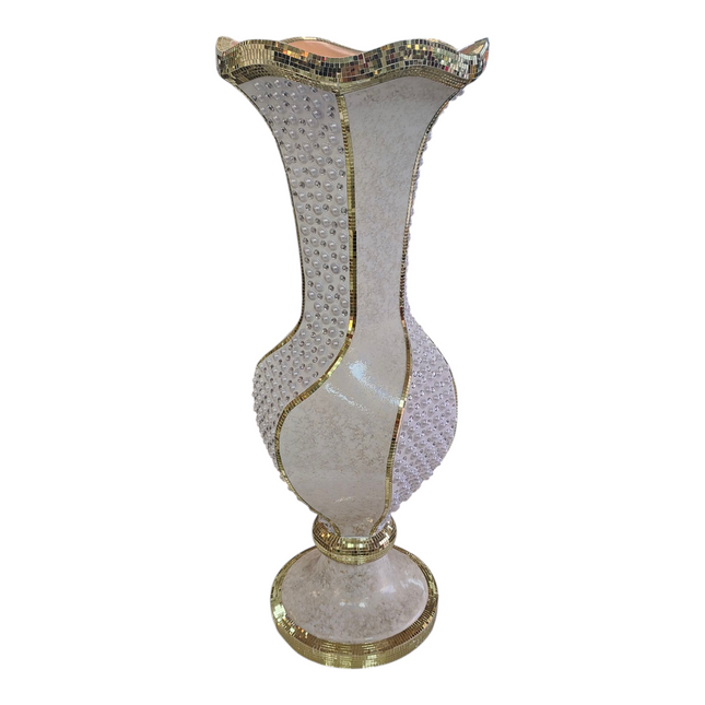 Jarrón Decorativo Blanco con Perlas y Borde Dorado – Estilo Elegante y Sofisticado 101 cm