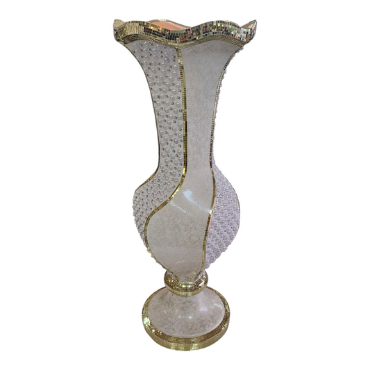 Jarrón Blanco Nacarado con Detalles Dorados y Perlas – Decoración de Lujo para el Hogar 121,5 cm