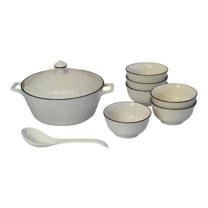 Set Sopera de Cerámica con Tapa + 6 Cuencos y Cucharón — Blanco Texturizado