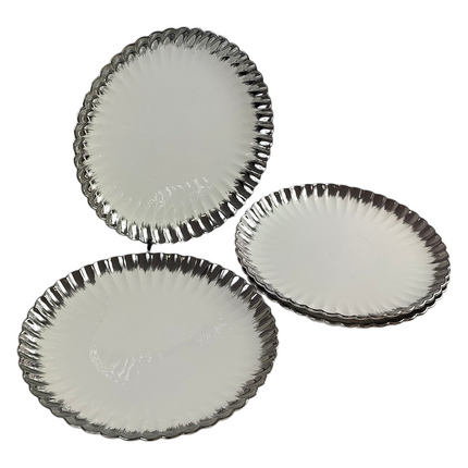 Set of 4 White Porcelain Plates with Silver Rim Size: Ø 36cm 🍽️✨ Modern and Elegant Design